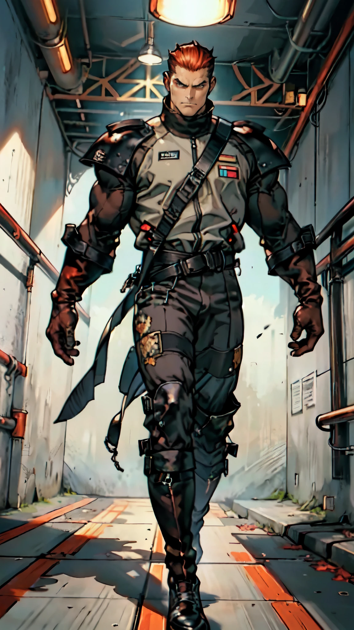 (masterpiece:1.2, best quality:1.2, extremely delicate:1.2), ((male:1.5)), a man with slicked-back short disheveled red-gold hair, cold and ruthless gaze, confident expression, a two piece futuristic-style military dress uniform, primarily white and red with yellow accents, streamlined wristguard gloves, metal shoulder pads, metal belt, matching trousers, long combat boots, stands within a futuristic sci-fi hangar, behind the back is a giant mecha, this character embodies a finely crafted futuristic military officer in anime style, exquisite and mature oil painting art style, dramatic, high definition, highres, ultra-detailed, ultra-fine painting, professional, perfect body proportions, golden ratio, anatomically correct, symmetrical face, extremely detailed eyes and face, high quality eyes, creativity, RAW photo, UHD, 32k, Natural light, cinematic lighting, (masterpiece-anatomy-perfect:1.2)
