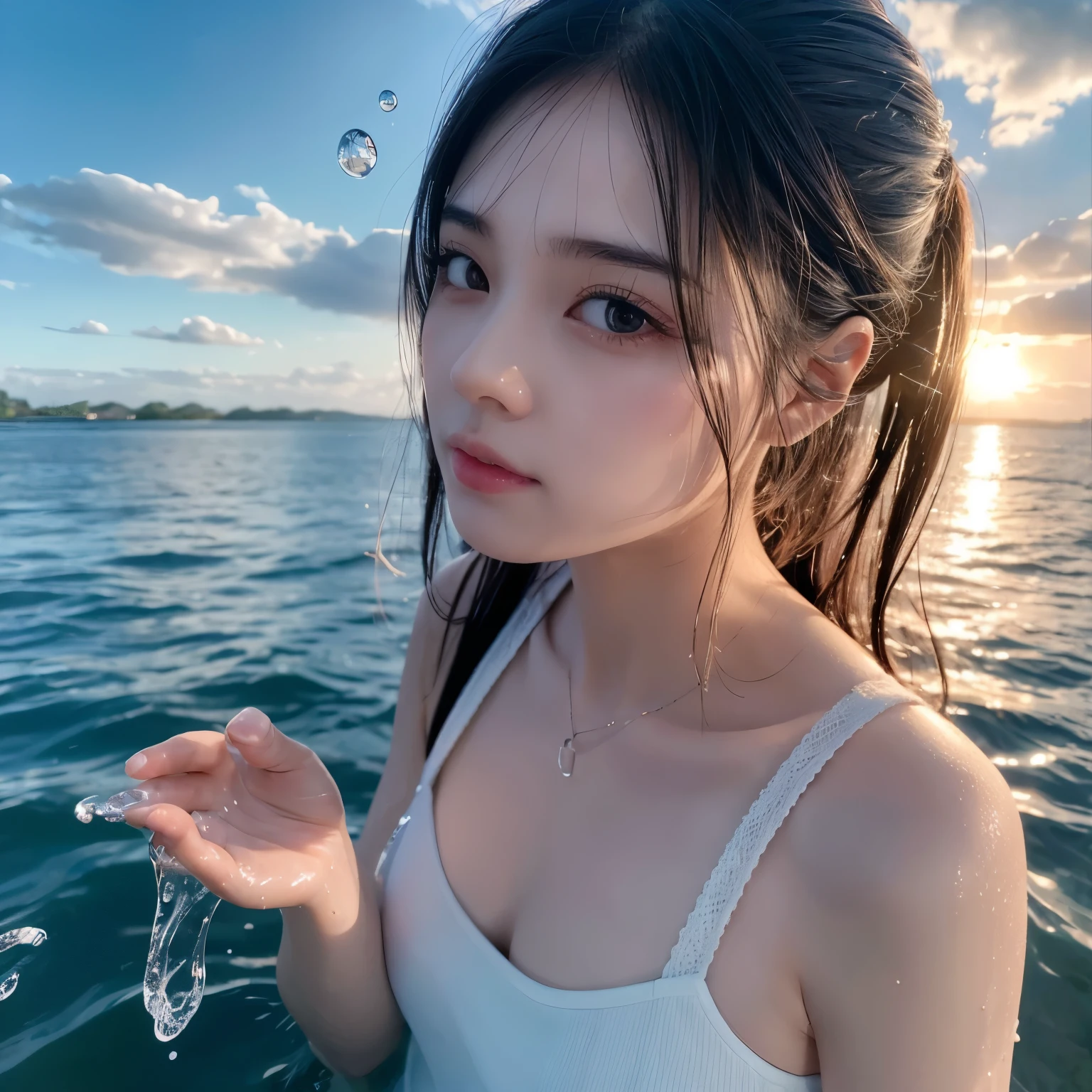 water, Wet, splash, liquid,  sun , sky, 蓝色的sky空, cloud, Nature, Natural Environment, (Character focus :1.1),  clearly focuses ,  actual ,  very detailed , Super Fine,  Quality Best ,  top quality ,  actual  lighting,   super detailed ,  surrealism , A girl