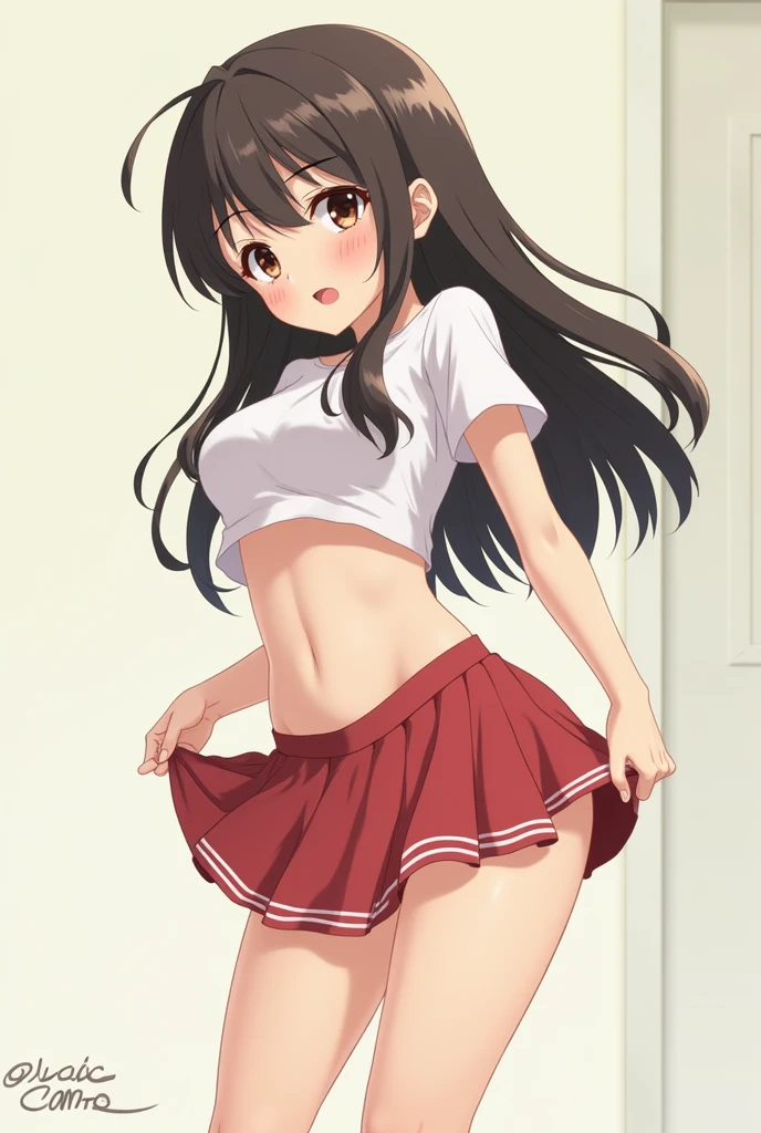 One Girl, Standing splits, Yuki Mikan, Long black hair，black sleeveless, Short Vest，Pink Skirt，Blue underwear