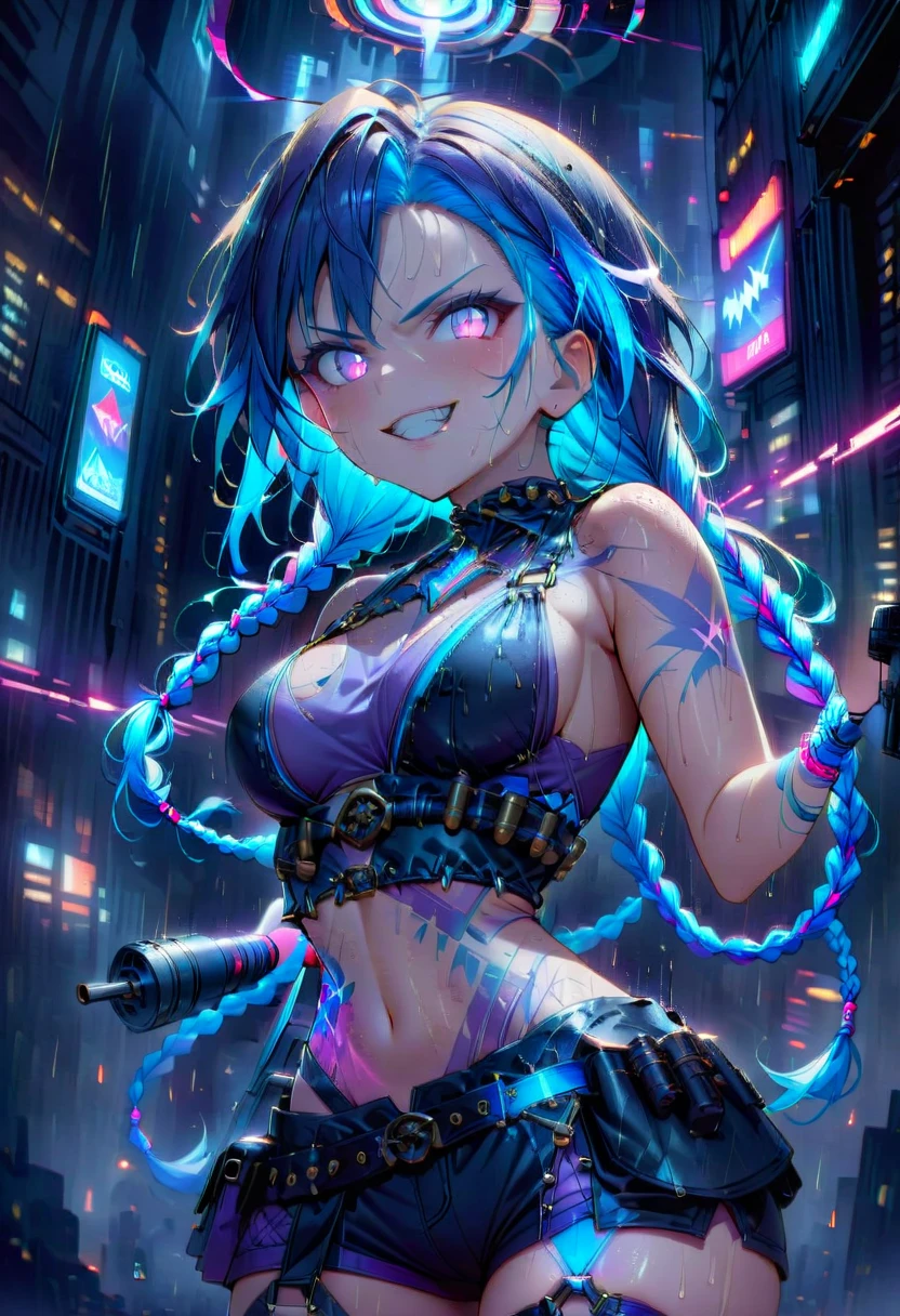 A dynamic image of a female character inspired by Jinx from Arcane, set in a futuristic neon-lit city. She has long, vibrant blue hair styled in two thick braids that fall to her waist, with loose strands framing her manic grin. Her right arm features stylized blue cloud tattoos, adding to her chaotic and creative aura. She is mid-air, leaping between skyscrapers in a daring, action-packed pose. Strapped across her back is Fishbones, a massive, shark-shaped rocket launcher with intricate metallic detailing and glowing blue accents along its jaws. In her hands, she grips Pow-Pow, her menacing minigun, with its rotating barrels and bright neon highlights, exuding an aura of raw power. The weapon is slung slightly at her waist, with visible scratches and a well-used aesthetic that matches her wild personality. Her punk-inspired outfit, featuring a cropped top, shorts, and utility belts with additional ammo and gear, completes her chaotic look. The neon cityscape behind her is alive with towering skyscrapers, holographic signs, and glowing lights in shades of purple, blue, and pink, reflected on the rain-soaked streets below, amplifying the intense, high-energy atmosphere.