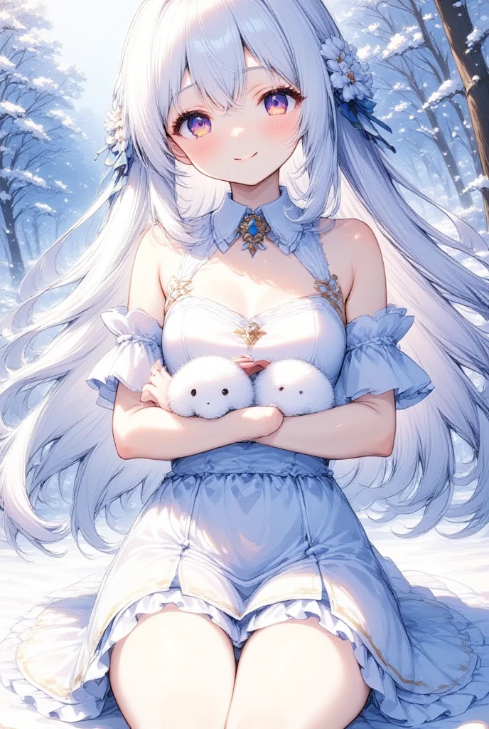 ( best quality, very detailed depiction, incredible high resolution),ruralの風景:1.5,rural, Idyllic Atmosphere , 1 girl,(Chibi,cute, smaller,Blue Hair, very long hair,bangs,( Fluffy White Rabbit), white skin,Blue Princess Dress,wired skirt,Chest, full body image ),Smiling Face,High quality anime drawings,Japanese white radishを持っている:1.5,Japanese white radish, sheep herd,