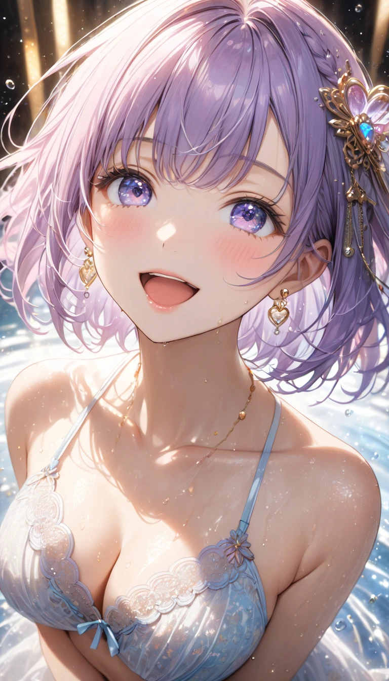 (Highest quality,8k,32K,masterpiece,Ultra-high resolution :1.2 ),born,One girl,Super cute,Natural light,Clear, shining eyes,20-year-old,Fair skin,Bath-like electronic world fantasy background,The noble earrings are shining,The noble necklace shines,Pink Hair,short hair,Long Straight Hair,Large Breasts,There is foam on the body,Body soap,shampoo,Bubbles,Bubbles background r