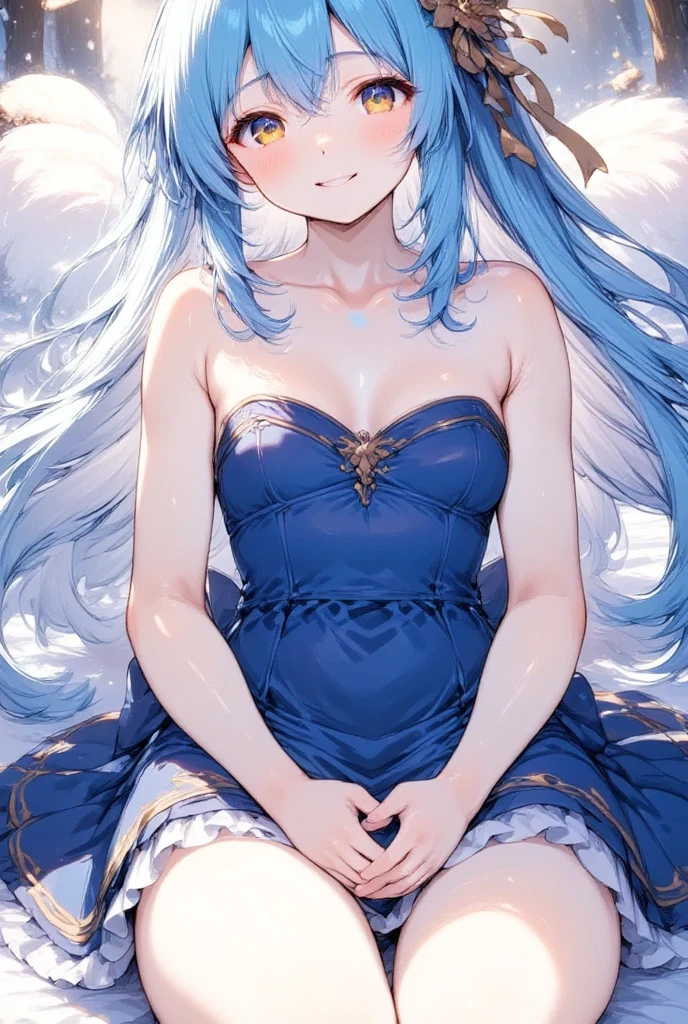 ( best quality, very detailed depiction, incredible high resolution),ruralの風景:1.5,rural, Idyllic Atmosphere , 1 girl,(Chibi,cute, smaller,Blue Hair, very long hair,bangs,( Fluffy White Rabbit), white skin,Blue Princess Dress,wired skirt,Chest, full body image ),Smiling Face,High quality anime drawings,Japanese white radishを持っている:1.5,Japanese white radish, sheep herd,