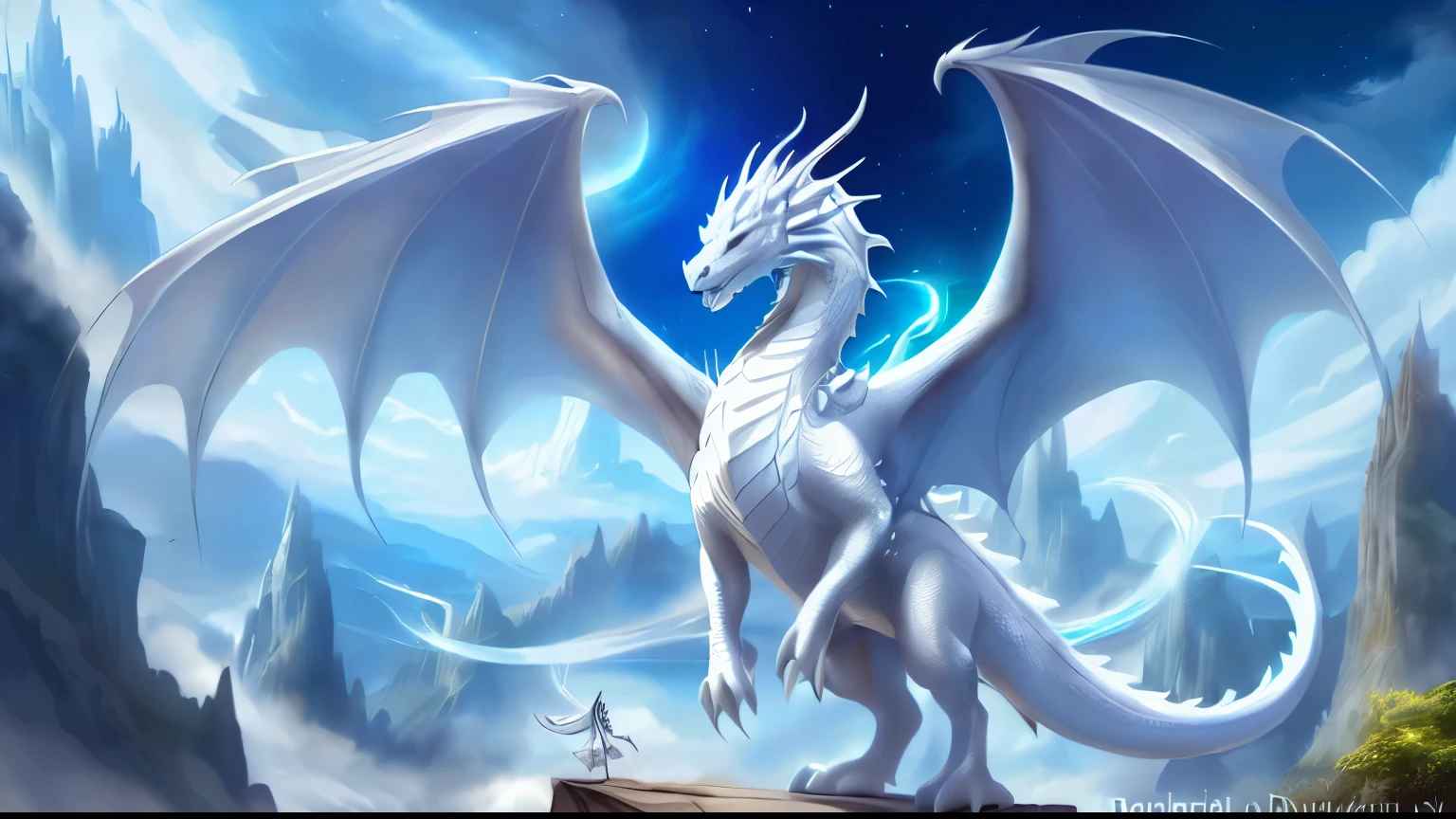  a white dragon with wings is standing on a rock, Ice Dragon, Dragon art , ,  white-eyed dragon with blue eyes , dragon flying in the sky,  dragon flying in the sky , god of dragons, Crystal Dragon , legendary dragon,  dragon in the background ,  colossal dragon as background , but  how an anthropomorphic dragon , dragons,  how an anthropomorphic dragon ,  green eyes