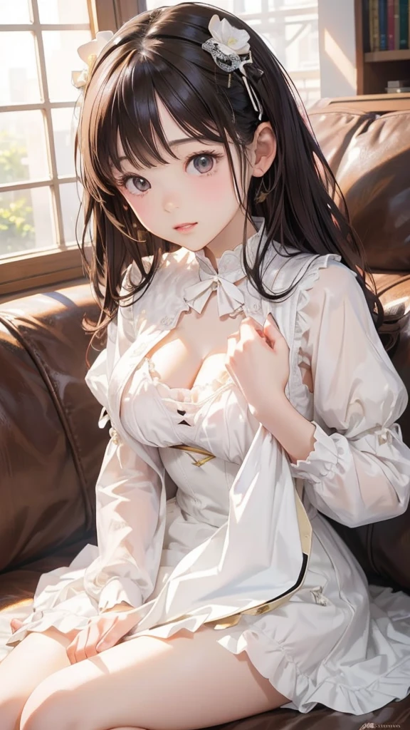 very cute and beautiful girl,(highly detailed beautiful face and eyes), (smile),blush,black hair,cowboy shot,looking at viewer,kneeling, (floral pattern blue ta dress with detailed frills),detailed lace,(skirt lift,white panties), altar,church,indoors, (best quality,masterpiece:1.0),absurdres,highres,ultra-detailed,extremely detailed,32k,8k resolution, intricate details,cinematic scene,detailed background,solo,dynamic angle,