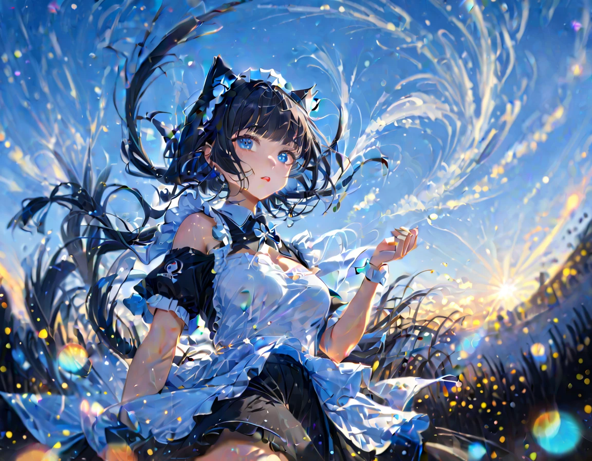 1girl, absurdly long black hair blunt bangs, blue eyes, cat ears, cat tail, chestnut mouth, large breast, open shoulder maid uniform, high waist short skirt, wind browing, floating hair, white background, contrapposto, cool expression, from below, look at viewer, soft focus, lens flare, masterpiece, best quality, vivid light color, Vector Art, 2D flat, simple shapes, professional graphic, flat color, Sleek design, 1girl, absurdly long black hair blunt bangs, blue eyes, cat ears, cat tail, chestnut mouth, large breast, open shoulder maid uniform, high waist short skirt, wind browing, floating hair, white background, contrapposto, cool expression, from below, look at viewer, soft focus, lens flare, masterpiece, best quality, Matte frosted color, Vibrant colors, Layering impasto (oil painting:1.1), ultra-detailed texture, perfect composition, intricate details, high resolution, High contrast, sharp focus, Delicate brushwork, ,AddXL,Dream Scenery