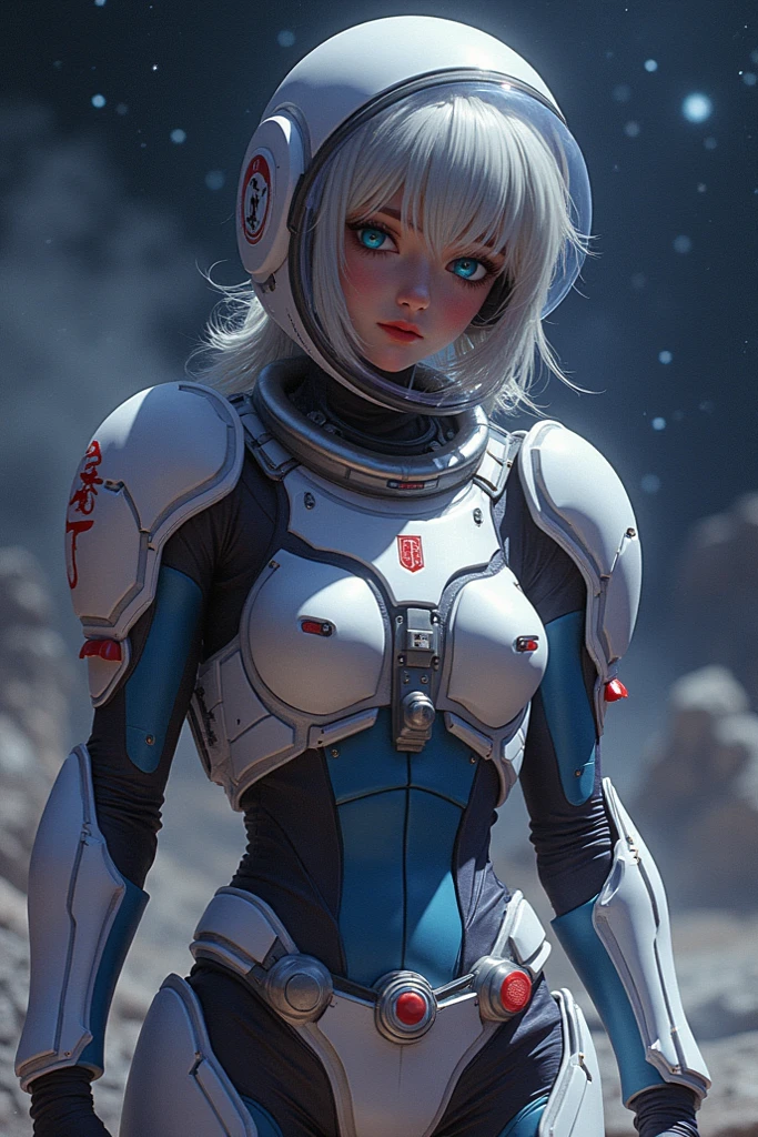 woman, sitting, breasts, citura, legs, space suit, boots, holding gun, in front of a planet, crystal hair, Futurism, retina