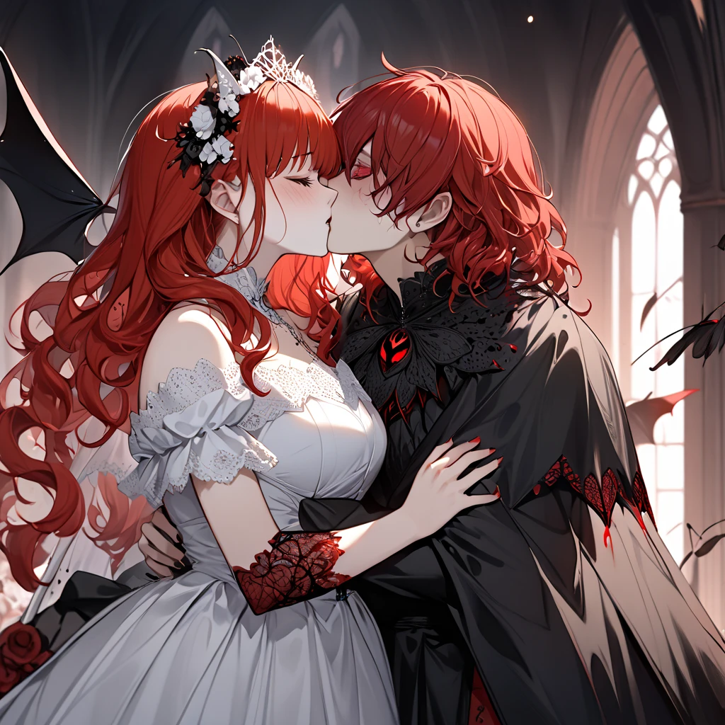 ((Highest quality)), ((masterpiece)), (detailed), （Perfect Face）、The woman is Princess Leona, a beautiful vampire and Countess of Dracula, with medium-long light brown hair, a gorgeously jeweled black wedding dress, a gorgeous black wedding veil, and a gorgeous bridal outfit with gorgeous jeweled accessories.、A woman is married to the majestic vampire Count Dracula, with an embrace and a kiss of vows.
