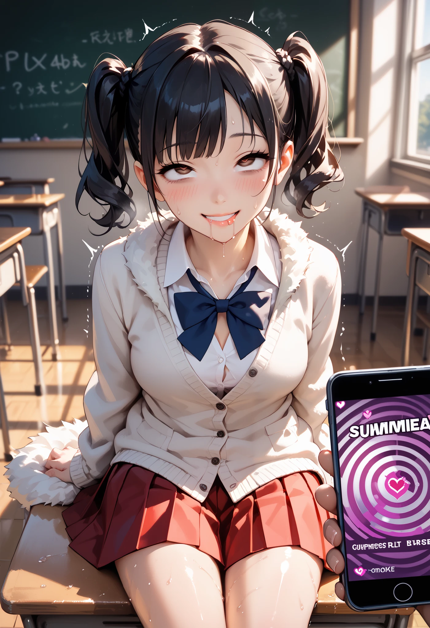 sfw, 8K, masterpiece, Best Quality, High resolution, detail hands, detail fingers, detail face, detail leg, perfect lighting, Glossy skin, (1girl, solo, detail girl, 20years old girl), cute girl, (black Hair, twintail hair, himecut, brown eyes, medium breast), (gray fur coat, white open cardigan, white dress shirts, red pleated skirt, black loafer), (morden, classroom), (sitting), (empty eyes, brainwashed, hypnosis), (smile, roll own eyes back, drooling, sweat:1.3), (trembling with sexual climax, aroused, blush:1.2), (thigh gap), (phone, symbol of heart), (pov), (puffy nipples:0.6)