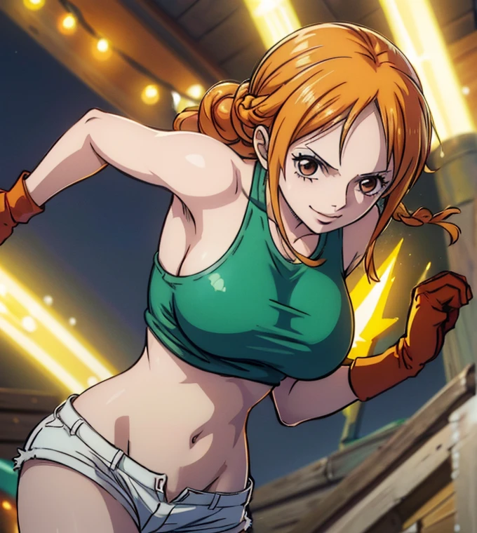 not nsfw (masterpiece, best quality, 4K, 8k,   high definition  , masterpiece:1.2),  super detailed, (Realistic, photoRealistic, photo-Realistic:1.37),    Pale Orange Hair  ,  Nami in One Piece , pale orange hair hidden in thick grass ,( side tail,Braiding),Golden hair ornament, Beautiful Brown Eyes , Nami tattoo on her left shoulder , beautiful lips,Beautiful lipstick, Necklaces ,smile, looking at the camera, Big Breasts , Ninja,Shuriken,gloves,Green tank top, shoulder armor , shorts,belly button,Combat with enemies,  Light Motion 1 .5 ,(大Shuriken),( movement activation light goes back and conveys a sense of speed 1.5,  The activation light for movement is beautiful pale blue 1 .5),( Fantasy worldview ),Perfect body,Perfect means,Perfect body