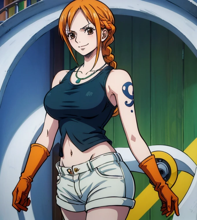 not nsfw (masterpiece, best quality, 4K, 8k,   high definition  , masterpiece:1.2),  super detailed, (Realistic, photoRealistic, photo-Realistic:1.37),    Pale Orange Hair  ,  Nami in One Piece , pale orange hair hidden in thick grass ,( side tail,Braiding),Golden hair ornament, Beautiful Brown Eyes , Nami tattoo on her left shoulder , beautiful lips,Beautiful lipstick, Necklaces ,smile, looking at the camera, Big Breasts , Ninja,Shuriken,gloves,Green tank top, shoulder armor , shorts,belly button,Combat with enemies,  Light Motion 1 .5 ,(大Shuriken),( movement activation light goes back and conveys a sense of speed 1.5,  The activation light for movement is beautiful pale blue 1 .5),( Fantasy worldview ),Perfect body,Perfect means,Perfect body