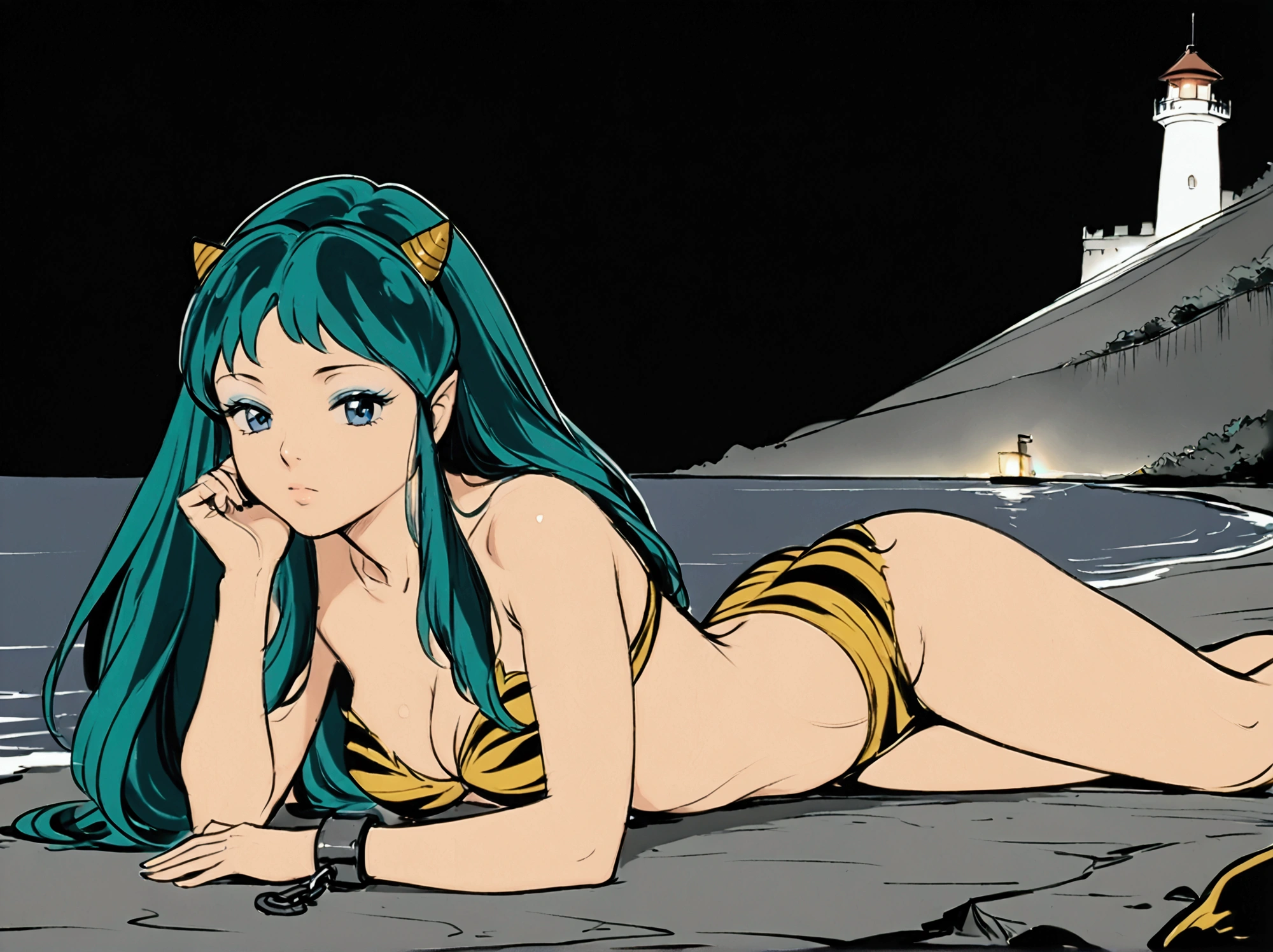 (score_9, score_8_up, score_7_up), masterpiece, best quality, absurdres, unity, 8k, wallpaper, hi res, BREAK highly detailed face, highly detailed eyes, blue eyes, perfect anatomy, super detailed skin, (outdoors, beach, seaside, beautiful landscape, island, 1980s style, anime style, (full body), (dynamic angle, dynamic pose:1.3), (lum:1.5), 1girl, (flying:1.3), floating in air, floating under seabeach, animal print, strapless_bikini, breasts, (intricate details:1.4), cleavage, large breasts, (two-tone hair, green hair, black hair:1.1), floating hair, groin, small horns, (cowboy shot), looking at viewer, navel, print bikini, (solo:1.3), swimsuit, tiger print, tiger stripes, (electrokinetic, electricity:1.3), стреляет молнией из своих рук,