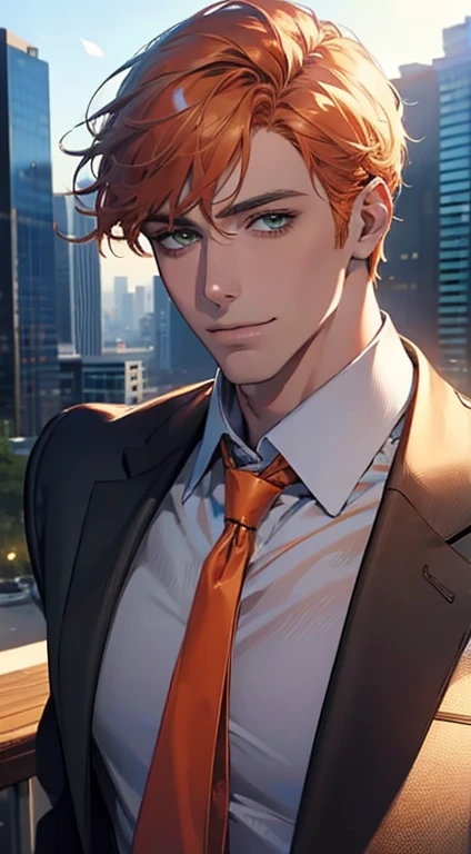 (Highest quality,4K,8K,High resolution,masterpiece:1.2),Super detailed,(Realistic,photoRealistic,photo-Realistic:1.37),1 person,31 years old,Mature Men,Beautiful skin、very handsome,Expressionless smile in love,Short gray red hair,green eyes,Sharp Eyes,A perfect face without a doubt,Businessman,Office Background,Cinema Lighting,HDR image,tie、