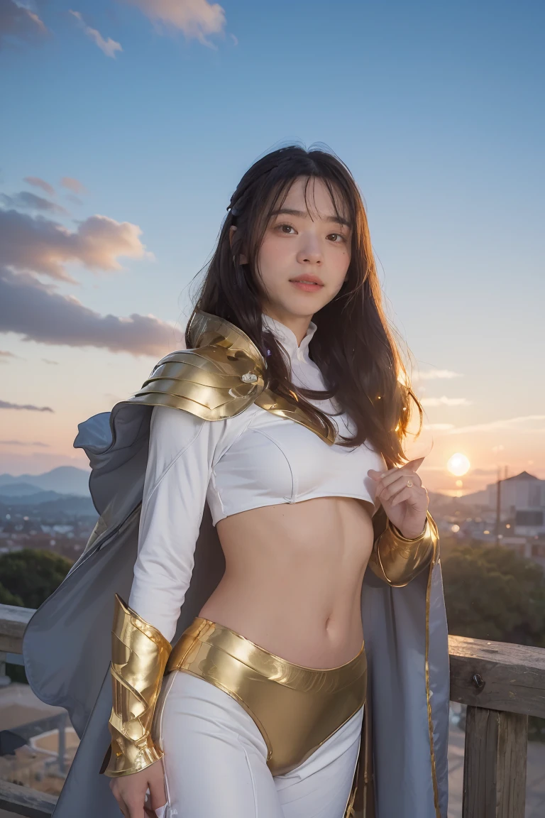 ((masterpiece, best quality, extremely detailed), volumetric lighting, ambient occlusion, colorful, glowing), 1girl, solo, young girl, (dark hair), long hair, ranger suit, hunter class dnd, cloak, (white outfit with gold detailst:1.3), armor, outdoors, sunset, sky, clouds, space, (fantasy theme:1.2),