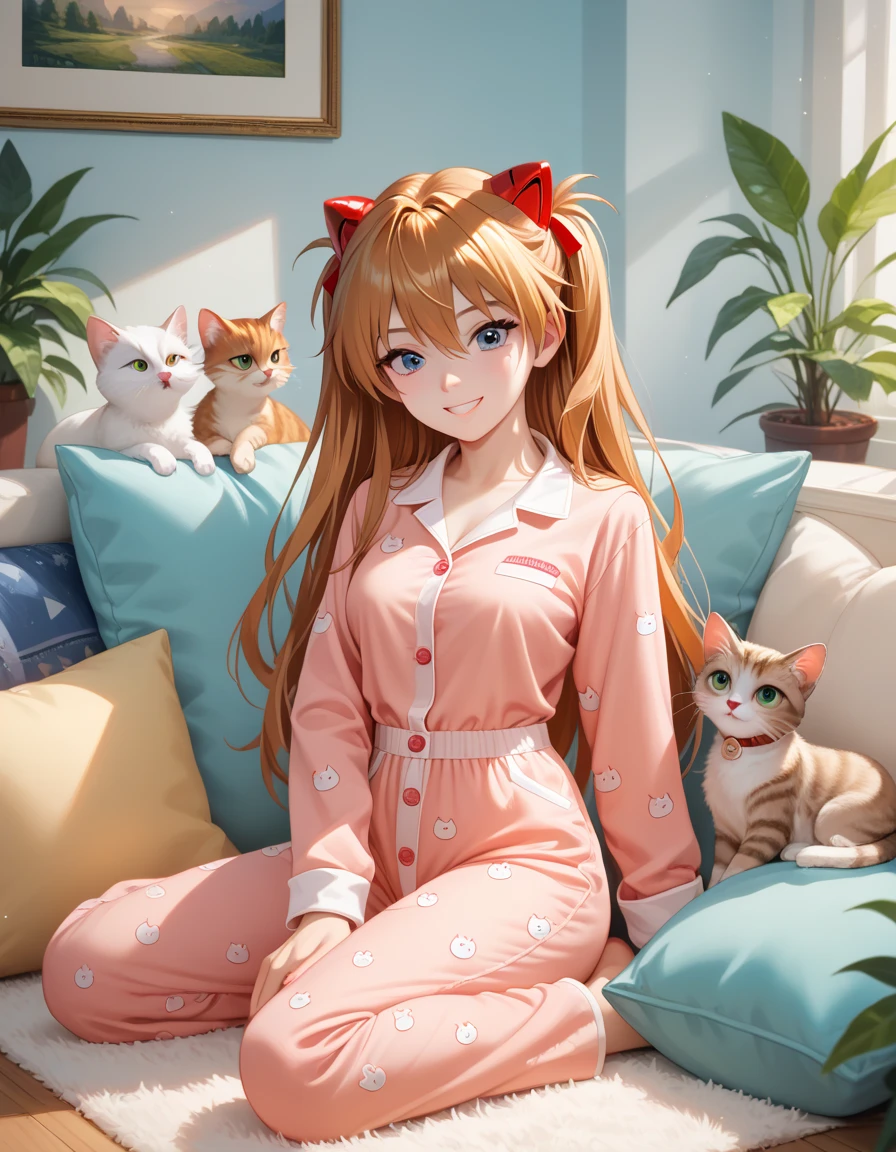 A cozy living room filled with playful cats of various breeds. A cute anime-style girl with long hair, wearing pastel-colored pajamas, is sitting on a soft rug surrounded by the cats. She’s smiling and playing with them, creating a joyful and warm atmosphere. The room features soft lighting, a comfortable sofa, a few cushions, and a few plants scattered around. The scene radiates a sense of happiness and tranquility, with a vibrant and charming aesthetic. The girl is interacting lovingly with the cats, with detailed textures on her pajamas and the cats’ fur. The environment is detailed and realistic, with soft colors and inviting ambiance. High-quality 8k resolution, vibrant and lively colors, high detail,

score_9,score_8_up,score_7_up,source_anime,masterpiece,best quality,absurdres,highres,very aesthetic,ray_tracing,
1girl,beautiful face,
souryuu_asuka_langley,bodysuit,