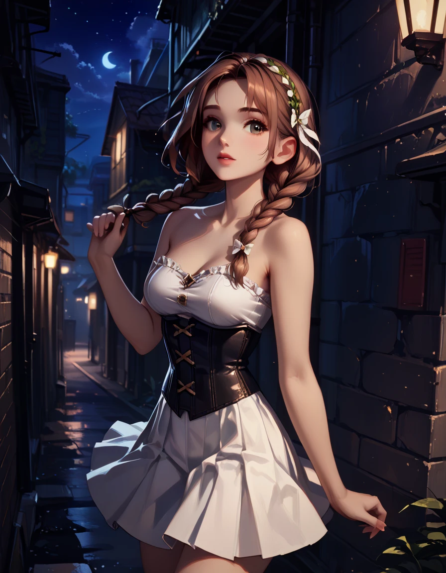 score_9, score_8_up, score_7_up, 1girl, solo, beautiful waifu, very sexy (Anna, brown hair, braided pigtails:1.3), wearing (sexy black_corset, bare arms, bare shoulders:1.4), (tight skirt, white_skirt:1.3), (night, dark:1.4), dark alley, shallow depth of field, vignette, bokeh, (Hand, detailed, perfect, perfection, hands:1.2), perfect hands, perfect proportions, simple background, (shot from above:1.2).