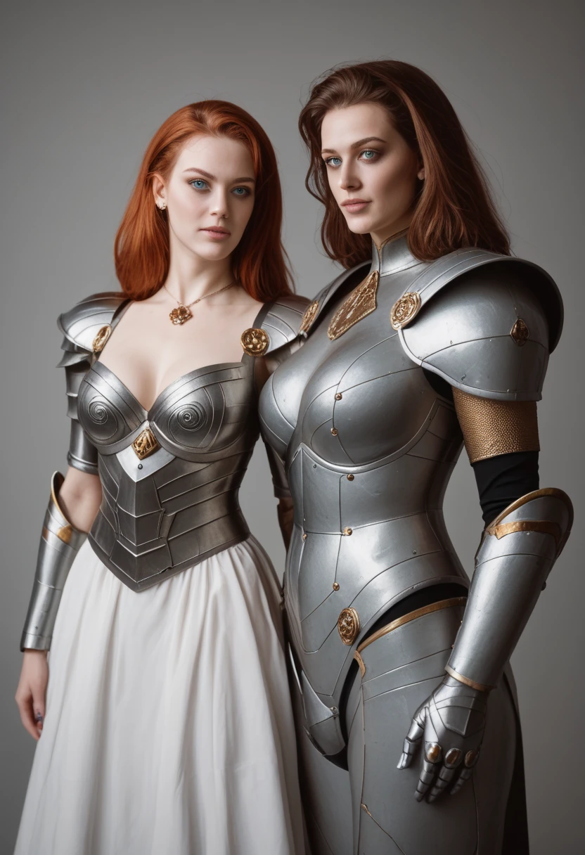 there are two women in armor standing next to each other, highly detailed surreal vfx, inspired by Peter Lindbergh, desaturated and muted colors, inspired by Nikola Avramov, clockpunk, detailed and beautiful faces, by Steven James Petruccio, prometheus (2012)