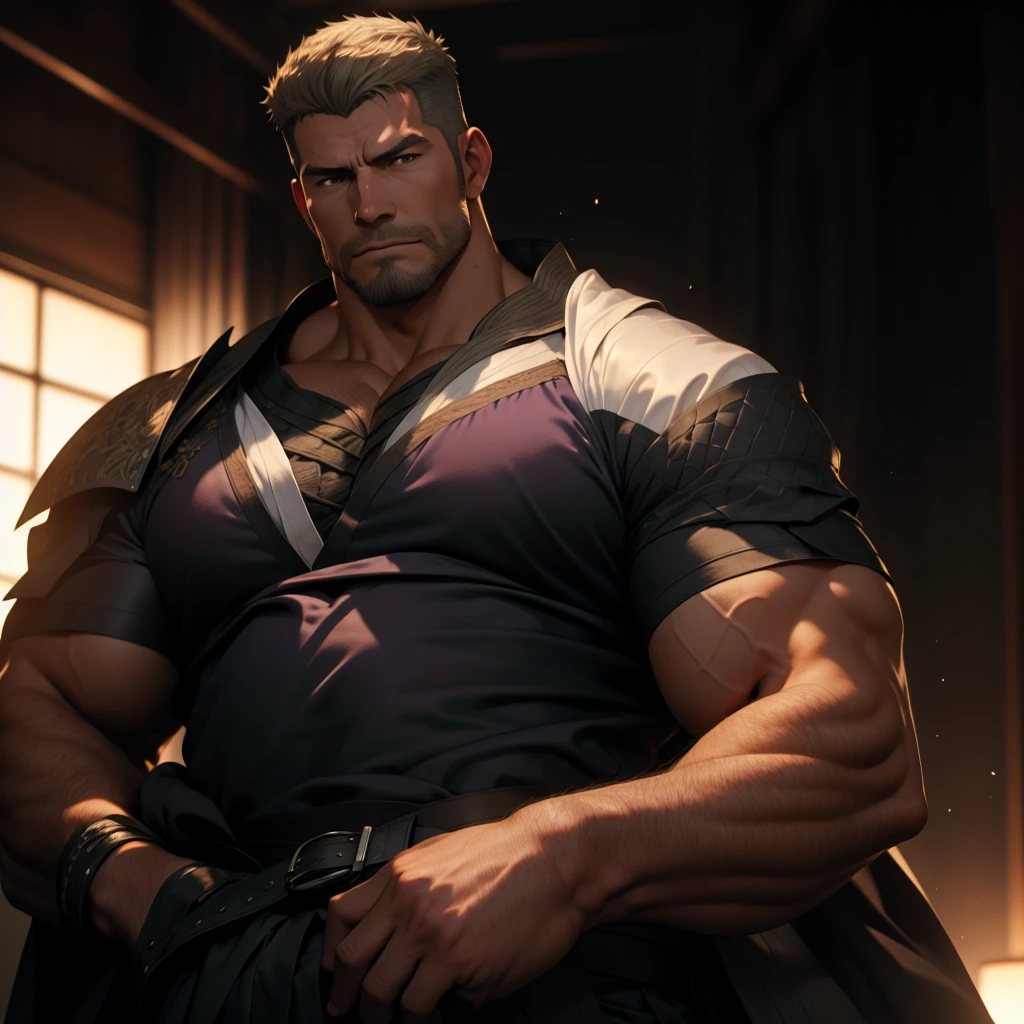  Strong middle aged samurai ,  alpha male ,  fat muscles ,  Very detailed face , detailed eyes,  majestic sir , ,  without clothes,  There is a delicate belt around the waist, muscular chest,  look at the spectator , momentum,  glowing purple eyes ,  short white hair ,  comb your hair to the side ,  Beards make your face look square ,  It's very serious ,  Wonderful and detailed masterpiece ,  beautiful deep focus cinematic light , elegant, digital painting, smooth ass ,   sharp focus,  Golden Ratio Dramatic lighting , Pectoralis major, More hair on your chest 【8K, pixiv, Alone