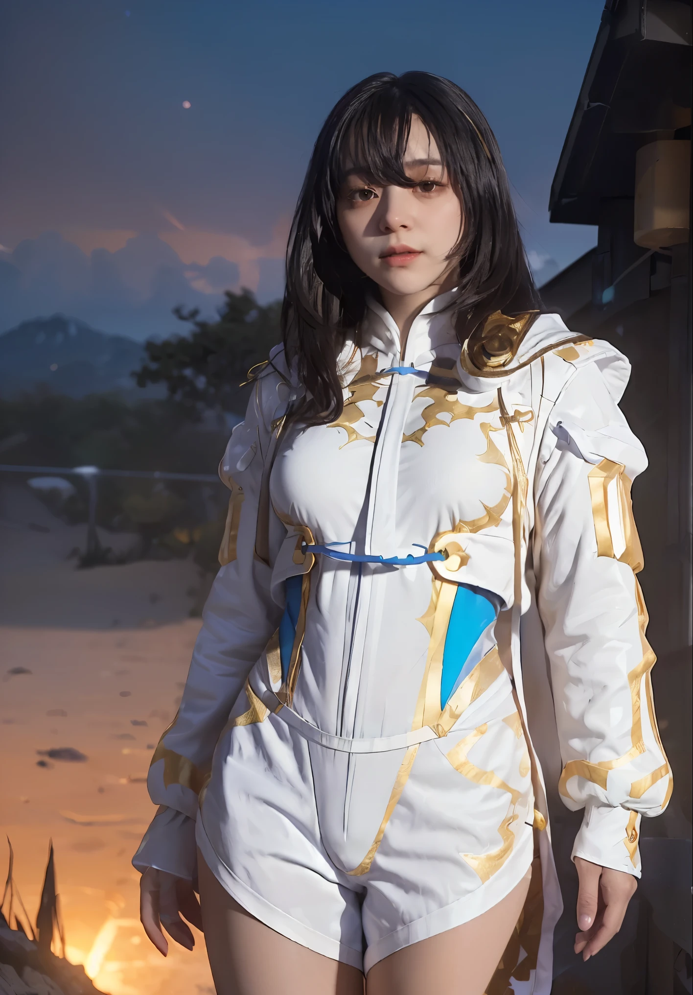 ((masterpiece, best quality, extremely detailed), volumetric lighting, ambient occlusion, colorful, glowing), 1girl, solo, young girl, (dark hair), long hair, ranger suit, hunter class dnd, cloak, (white outfit with gold detailst:1.3), armor, outdoors, sunset, sky, clouds, space, (fantasy theme:1.2),