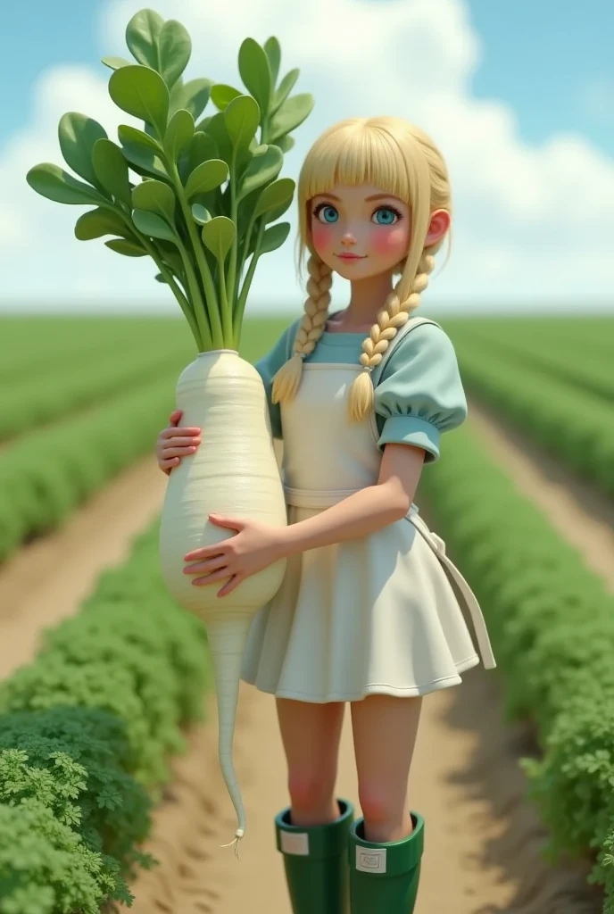 Super realistic illustration, Cinema 4D rendering, A Daikon and a lady, (the Daikon shaped like a woman's crotch or thigh, It becomes bifurcated from the center, the pointed tips are tangled and twisted, tip, Daikon leaves growing at the top, White Daikon texture, The white part and the leaf part show a natural connection typical of Daikon), (A lady harvesting daikon in a large field, holding a big Daikon, showing a big Daikon to the camera, , blush smile, braided blonde hair, blunt bangs, Azure eyes. white apron with sleeves, green rubber boots), Pastoral Idyll