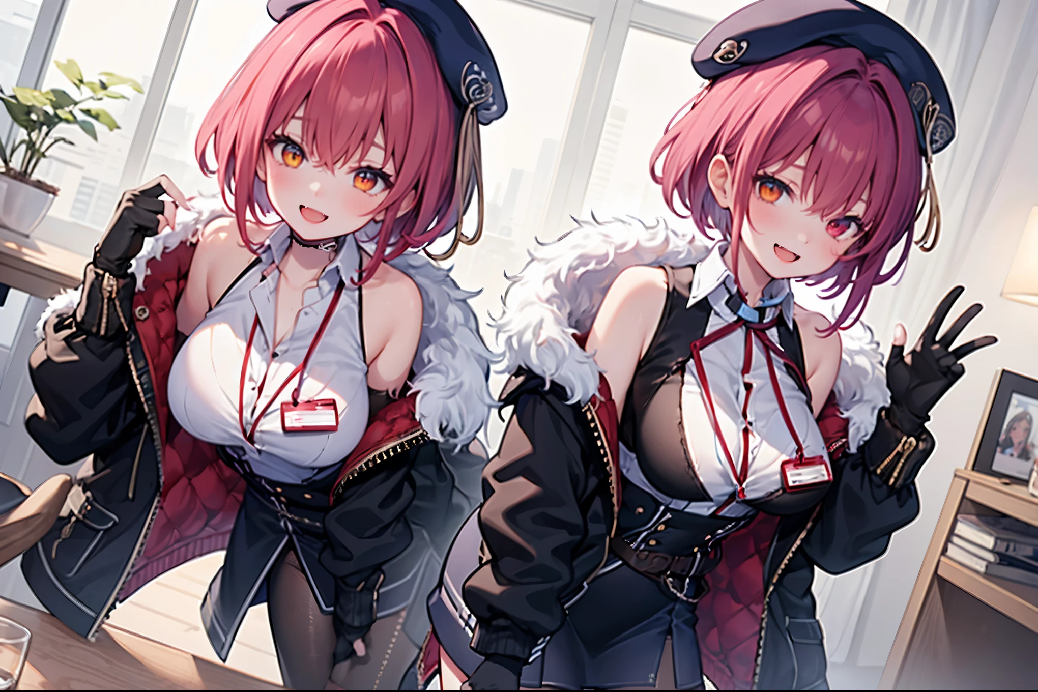 ((Masterpiece)), (Best Quality), marine_beret, Collared_White_Shirt, Sleeveless, High-waisted Skirt, Pantyhose, Blue Jacket, Fur Embellishment, Fingerless Gloves, ID Card, Solo,marine_officer,, black pantyhose, black gloves, thigh boots, beret,houshou_marine,heterochromia, red eyes, orange eyes,open_mouth,big_smile,evil_smile,fang,large_breasts,,office_landscape,red_short_hair,(plump:0.7),open_mouth,tongue, slouch,pov,grin,evil,