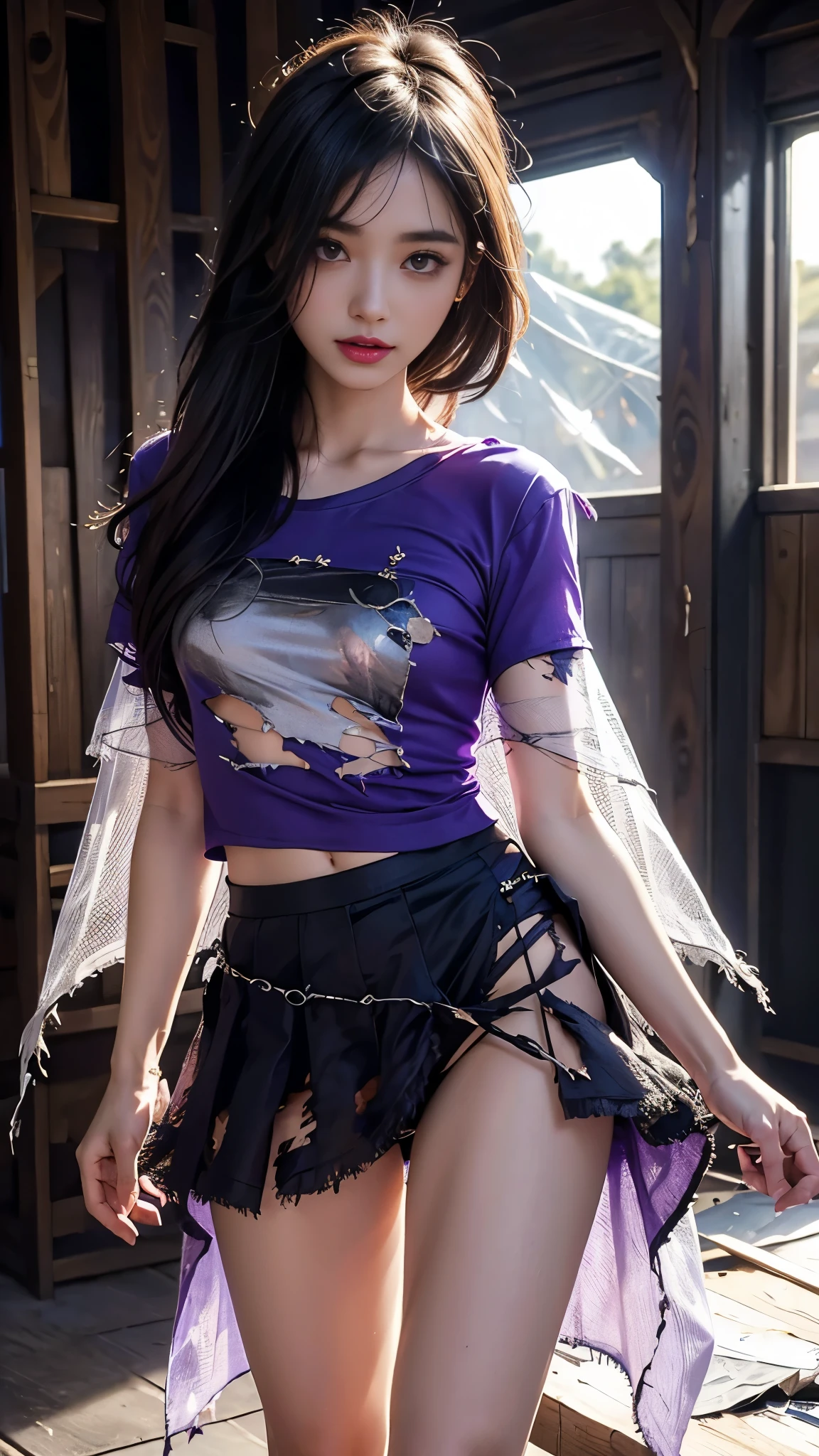 (female:1.2) (bodybuilder:0.8), hyper realistic, masterpiece, photorealistic, real skin, detailed face, detailed skin, detailed lighting, 1girl, (brown eyes), long hair, (blue hair) , large breasts, midriff, navel, frills, angry face, holding gun, thigh, amazing pose, pink flame in hands