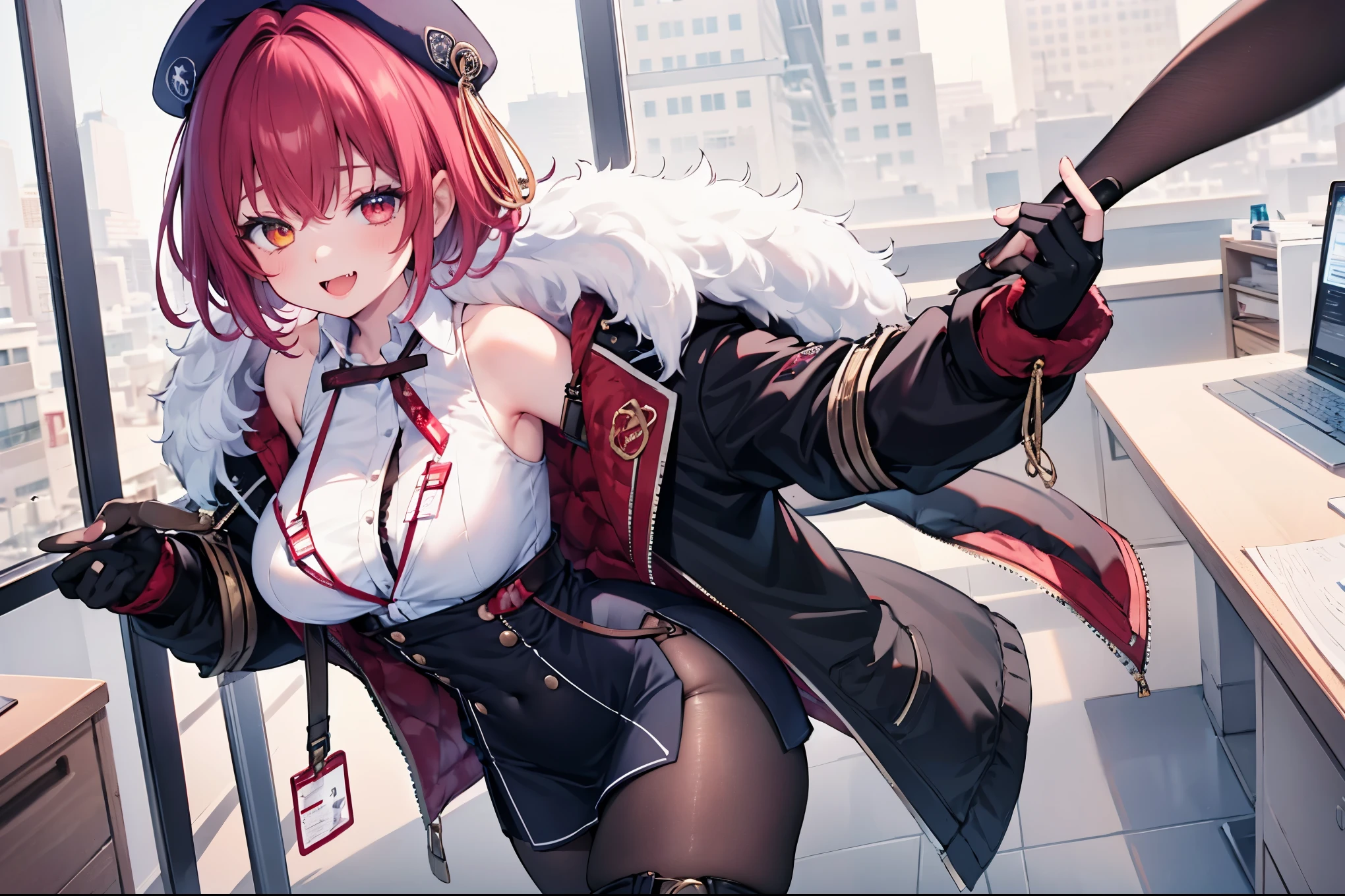 ((Masterpiece)), (Best Quality), marine_beret, Collared_White_Shirt, Sleeveless, High-waisted Skirt, Pantyhose, Blue Jacket, Fur Embellishment, Fingerless Gloves, ID Card, Solo,marine_officer,, black pantyhose, black gloves, thigh boots, beret,houshou_marine,heterochromia, red eyes, orange eyes,open_mouth,big_smile,evil_smile,fang,large_breasts,,office_landscape,red_short_hair,(plump:0.7),open_mouth,tongue, slouch,pov,grin,evil,