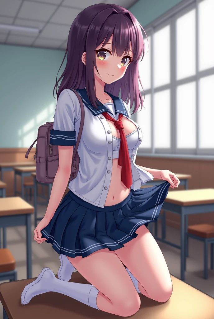1 girl,small breasts,,lilac long-haired,poor body,high school student,nipple,girl's room,Standing portrait style,
