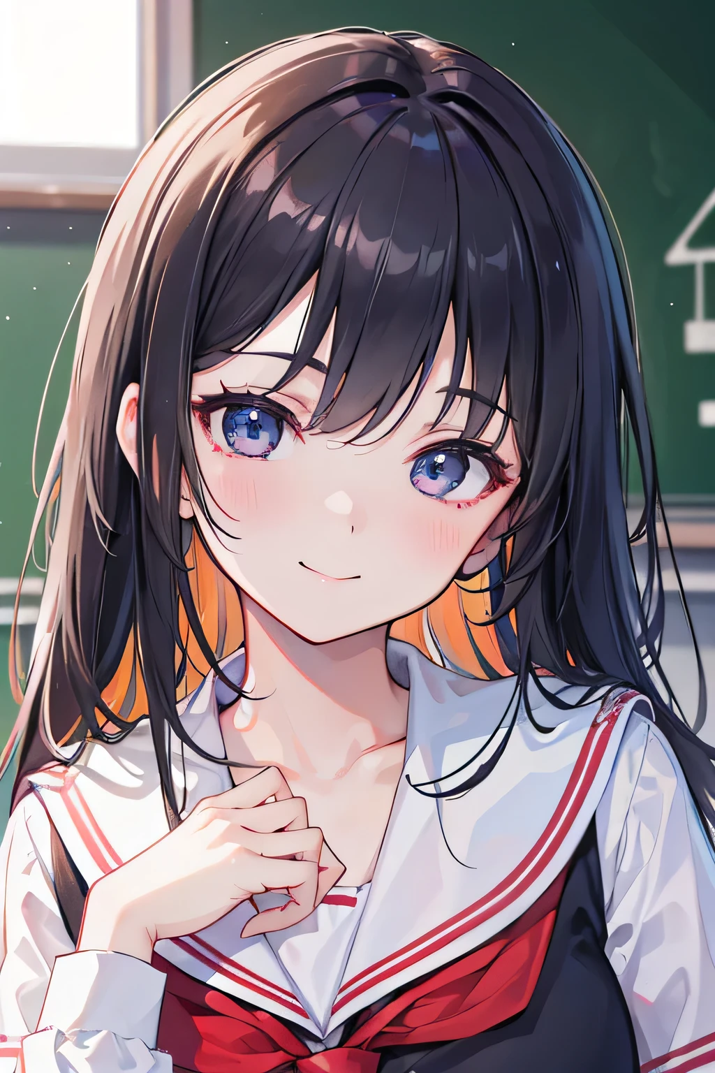 Anime girl with long black hair and blue eyes in a school uniform ...