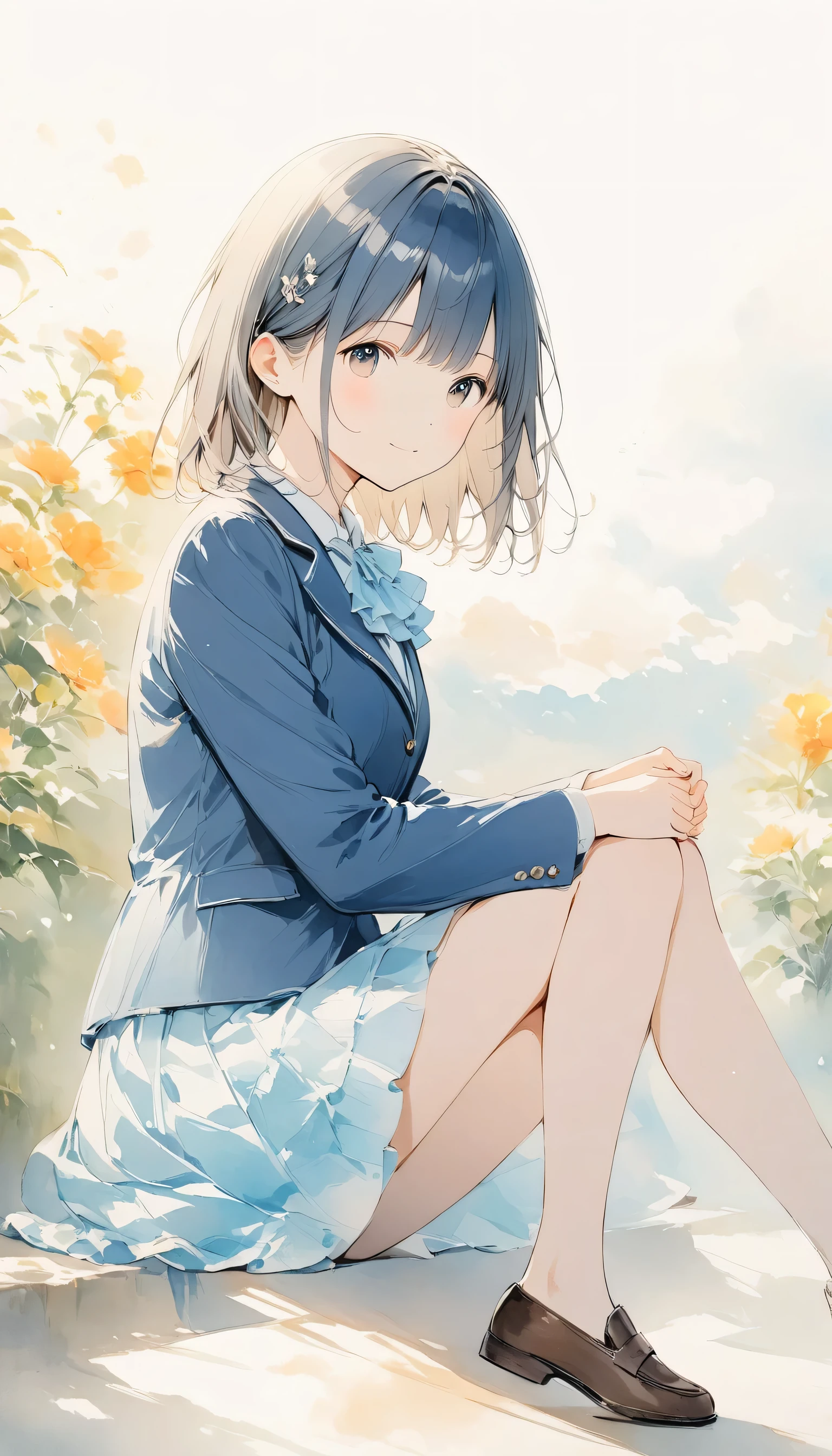Light color、Watercolor,2.5D,#SDXL、Realistic Single Girl ,Sitting pose、cute、 navy blue blazer、 Navy Blue Short Ruffle Skirt 、 Loafers Soft Colored Artwork、warm, Antique Color