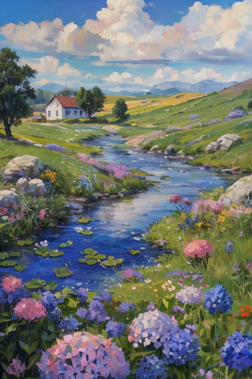 (best quality, masterpiece, photorealistic, elaborate details:1.2), Painting of a small stream flowing through the grassland, surrounded by wildflowers and hydrangeas in full bloom. In front is an old white farmhouse with a purple roof, surrounded by rolling green hills under a blue sky dotted with fluffy clouds. There are some cows grazing on distant pastures. The scene exudes tranquility and beauty, capturing the essence of rural life in South Africa. The painting features thick brush strokes, impasto, and thick oil paint