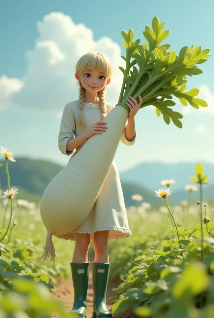 Super realistic illustration, Cinema 4D rendering, A Daikon and a lady, (A lady harvesting daikon in a large field, holding a big Daikon, showing a big Daikon to the camera, , blush smile, braided blonde hair, blunt bangs, Azure eyes. white apron with sleeves, green rubber boots), (the Daikon shaped like a woman's crotch or thigh, It becomes bifurcated from the center, the pointed tips are tangled and twisted, tip, Daikon leaves growing at the top, White Daikon texture, The white part and the leaf part show a natural connection typical of Daikon), Pastoral Idyll