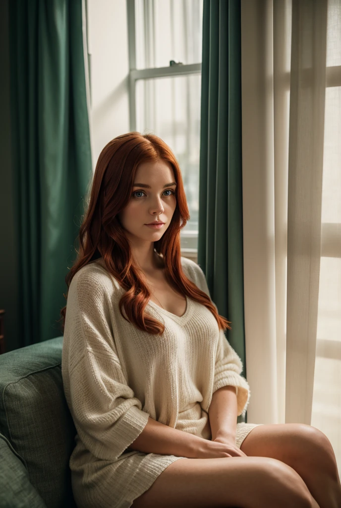 A red-haired woman, 30 years old, with long wavy hair and green eyes, sitting on a cozy couch in a softly lit room. She leans slightly toward a large window, allowing natural light to filter through and highlight her delicate features. The setting is inspired by atmospheric aesthetics, featuring moody lighting reminiscent of Elsa Bleda’s photography. The room is styled with a vintage yet modern Tumblr-inspired vibe, with the woman thoughtfully gazing outside. The backdrop includes subtle details of curtains and soft furnishings, enhancing the serene and introspective mood.

Cinematic, 4K resolution, ultra-realistic textures, intricate details, sharp outlines, 50mm 1.4 anamorphic lens capture, no anomalies.