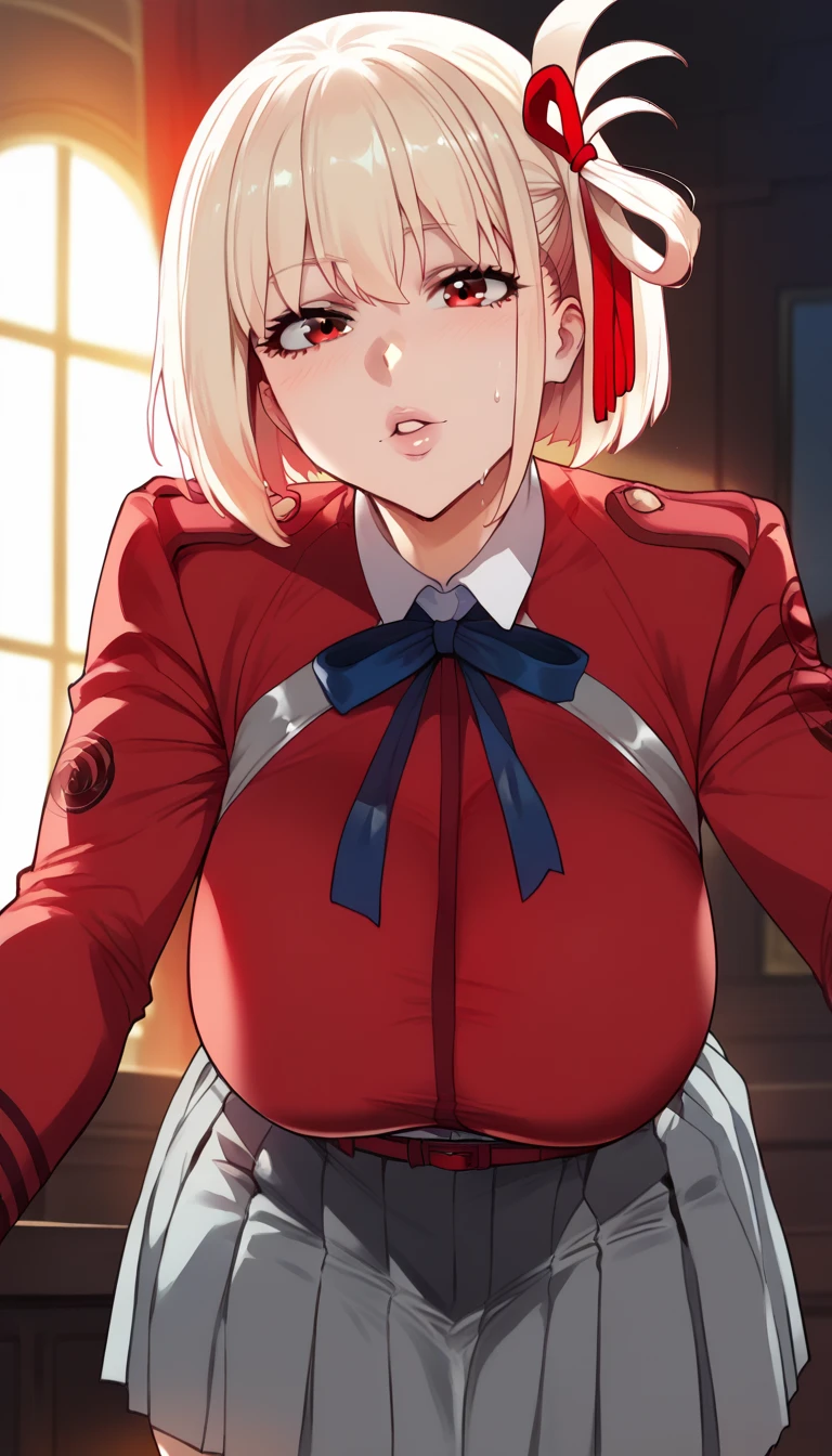 Hyper realistic, chisato nishikigi, short hair, bangs, blonde hair, red eyes, hair ribbon, one side up, bob cut,
shirt, long sleeves, dress, ribbon, white shirt, collared shirt, belt, neck ribbon, red dress, blue ribbon, pleated dress, grey dress, two-tone dress, red belt, lycoris uniform,, perfect face, perfect lighting, sexy lips, sexy female, huge breasts, large breasts, sweat, hanging breasts, leaning forward, close view