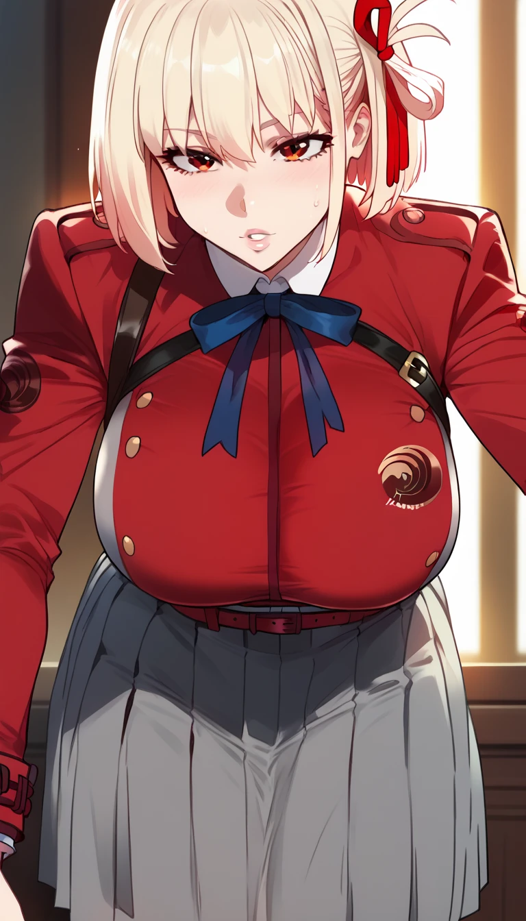 Hyper realistic, chisato nishikigi, short hair, bangs, blonde hair, red eyes, hair ribbon, one side up, bob cut,
shirt, long sleeves, dress, ribbon, white shirt, collared shirt, belt, neck ribbon, red dress, blue ribbon, pleated dress, grey dress, two-tone dress, red belt, lycoris uniform,, perfect face, perfect lighting, sexy lips, sexy female, huge breasts, large breasts, sweat, hanging breasts, leaning forward, close view