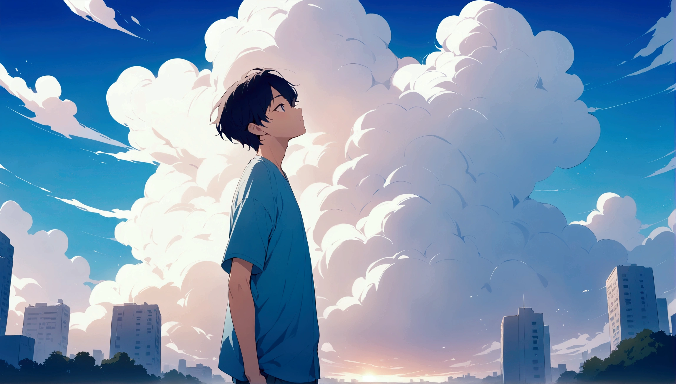 (Masterpiece, top quality), hot sun, a young man stands looking up, urban, his hair blowing in the wind, his gaze fixed on the distant horizon. The sky is blue, and colourful clouds adorn the sky around him. He is depicted in a detailed and emotive style, like a character from an animated film by Makoto Shinkai. view from above