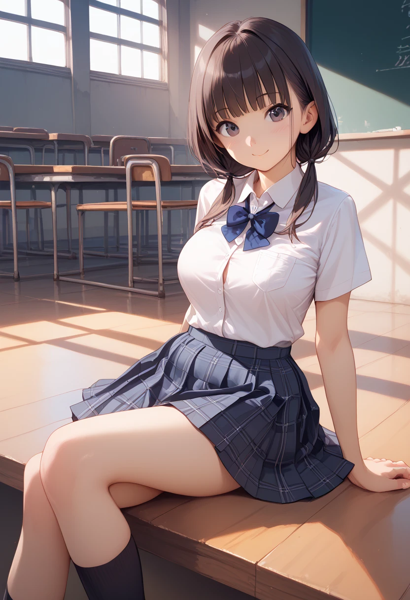 Cute Japanese schoolgirl,  slender:1.5,  low twin tail , bangs, Long legs, Short-sleeved school blouse ,  fluttering plaid skirt,  No posts, masterpiece,  detailed face :1.5, In a narrow and dark gymnasium warehouse , On the mat,  Get closer to the face:1.5,  big chest:1.2,  cute face, Age 15, It emphasizes breast fullness