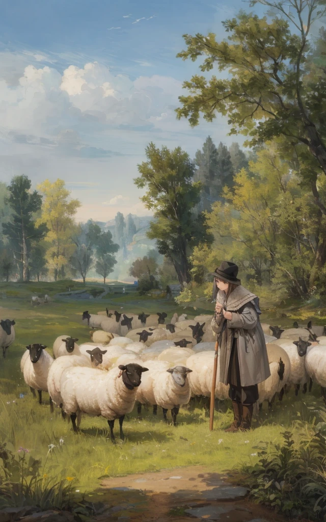 (best quality, masterpiece, photorealistic, elaborate details:1.2), A serene pastoral idyll scene of a shepherd and his flock of sheep in a lush green meadow. The shepherd is wearing a gray coat and a black hat and is leaning on a wooden staff. The sheep have white wool and are wearing black collars. The background contains a few trees and a distant building. The sky is clear with a few clouds. The lighting is soft.