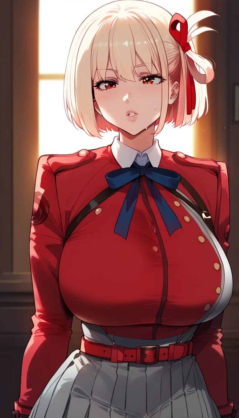 Hyper realistic, chisato nishikigi, short hair, bangs, blonde hair, red eyes, hair ribbon, one side up, bob cut,
shirt, long sleeves, dress, ribbon, white shirt, collared shirt, belt, neck ribbon, red dress, blue ribbon, pleated dress, grey dress, two-tone dress, red belt, lycoris uniform,, perfect face, perfect lighting, sexy lips, sexy female, huge breasts, large breasts, sweat,