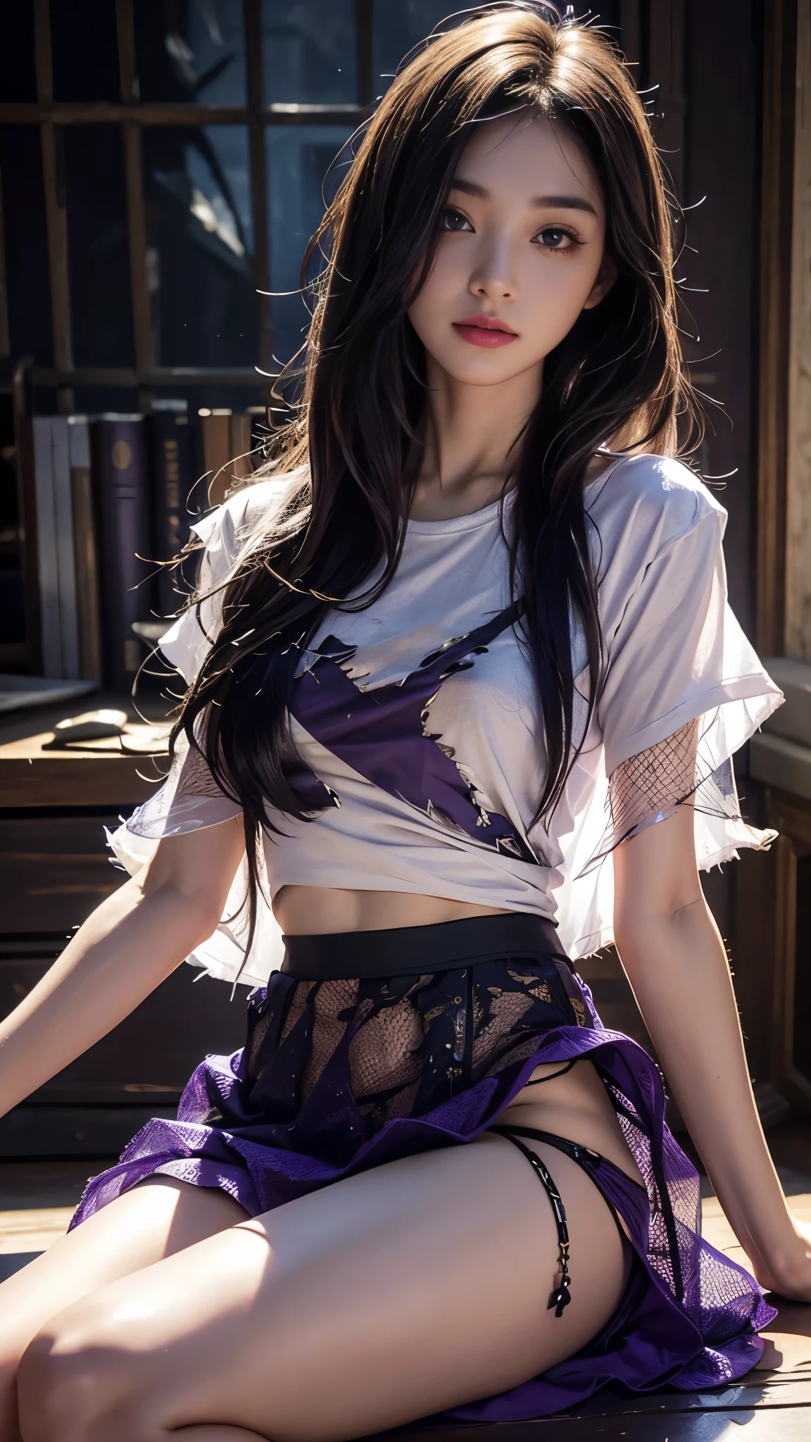 (((masterpiece:1.4, Highest quality:1.4, 8k, Ultra-high resolution, Physically Based Rendering))), Full body portrait, Super beautiful sexy woman, Perfectly shaped body, 24-years-old, (Beautiful big eyes), Thin eyebrows, Eye highlights, (Dark brown half-up hairstyle, Hair behind the ear), Highly detailed face and skin texture, Clear focus:1.2, Slender beauty:1.4, ((Big and beautiful breasts:1.7, Exposed breasts)), Slim Abs:1.1, Tight waist:1.2, Distinct facial features, (No makeup), (((Off the shoulder, Sleeveless:1.2, Cropped Black Sweater:1.4, Underbust:1.2))), (((Metallic holographic purple high waist pencil mini skirt, Skirt Lift:1.6, Long and beautiful legs))), (Transparent black knee-high stockings), ((No pants)), (((Detailed beautiful pussy exposed:1.4, pubic hair:1.5, Cum in pussy:1.5, Milky drips from her pussy down to her thighs))), Put your hands on your head, (Lift your chin:1.2, Open your mouth), (From below), (Looking at the audience:1.1), (smile:1.2), (Spread your legs wide, Look forward), ((Cherry blossom viewing at night:1.4, SakuraFubuki:1.4, Scattered cherry blossoms, Standing amongst cherry blossoms in full bloom:1.8, Street lamp glow:1.5)), ((Glowing particles dancing in the night sky:1.4, Beautiful sky:1.2))、((Spread your legs:1.5))、((lingerie:1.5))、((Press a ballpoint pen against your crotch:1.5))
