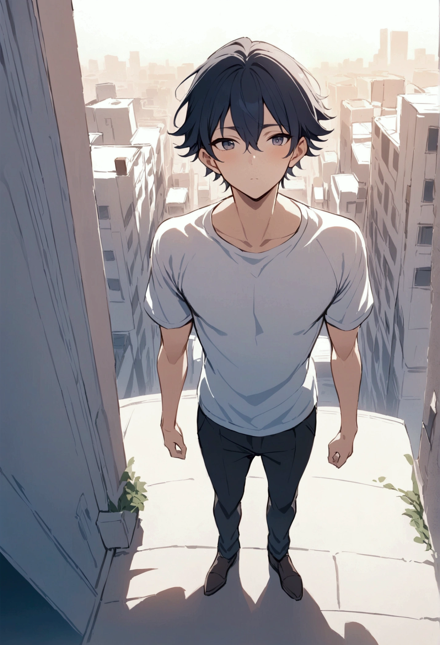 (Masterpiece, top quality), hot sun, a young man stands looking up, urban, his hair blowing in the wind, his gaze fixed on the distant horizon.  He is depicted in a detailed and emotive style, like a character from an animated film by Makoto Shinkai. view from above