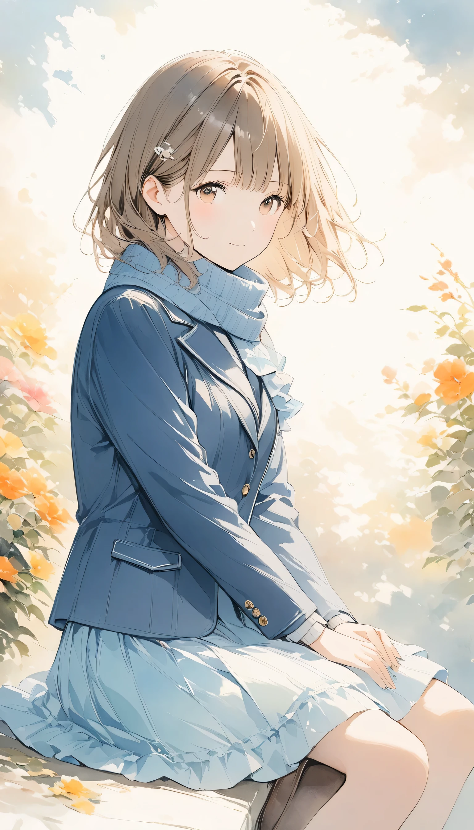 Light color、Watercolor,2.5D,#SDXL、Realistic Single Girl ,Sitting pose、cute、 navy blue blazer、 Navy Blue Short Ruffle Skirt 、 loafers in white、 muffler 、Soft color artwork、warm, Antique Color