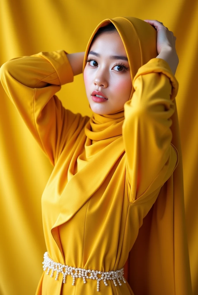 The beautiful Malaysian muslimah adult girl with beautiful cheeks wears light yellow Bee lycra turtleneck unitard catsuit covered with black stripes.She has a pair of insect wings.She always wear yellow bee lycra elastane stretchy dancewear square hijab covered with black stripes with antenna.She smells a tulip flowers