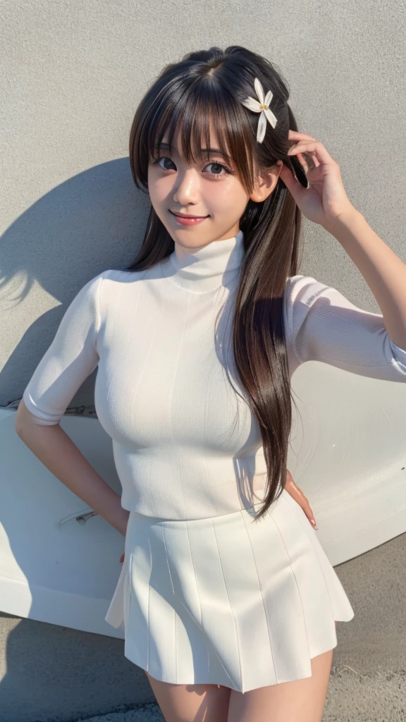 (masuter piece、超A high resolution、hiquality、realisitic、ultra-detailliert)、Cute 18 year old girl taking off her black turtleneck、C cup breasts、poneyTail