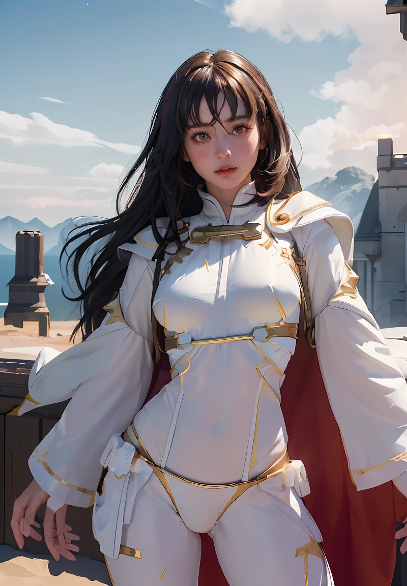 ((masterpiece, best quality, extremely detailed), volumetric lighting, ambient occlusion, colorful, glowing), 1girl, solo, young girl, (dark hair), long hair, ranger suit, hunter class dnd, cloak, (white outfit with gold detailst:1.3), armor, outdoors, sunset, sky, clouds, space, (fantasy theme:1.2),