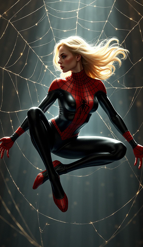 Hyperrealistic. Cinematic poster. (((COMIC STYLE, CARTOON ART))).  A comic book-style image of ((Spider-Gwen)), Gwen Stacy, with her as the central figure. She is on the move. She wears a white outfit.  (((hot body, sexy, sensual, camel toes))). She has a determined and vigilant expression, as if she is ready to fight crime. ((( comic spider web background))). Detailed, detailed face, intricate, glowing.