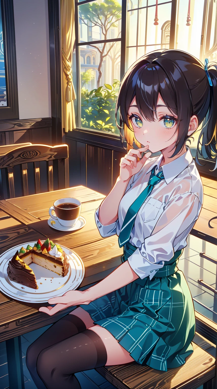 (top-quality、In 8K、32K、​masterpiece、 fresh youth fashion 、 ultra high resolution、 impressionism 、 photorealistic:1.2)、 cowboy shot 、 clear focus、  Detailed Face and Eyes  、( and a plate of cake and coffee on the table , Cafe,  sitting at mocha colored table, Dessert, ミニチュアCafeジオラマ, ダイナーCafe,  coffee shop , 居心地の良いCafeの背景,  coffee shop でコーヒーを楽しむ, Cafeに座って,  Taken with Sony α1 camera , by Haku Maki)、 sharp pupils、Realistic pupil、 Beautiful Faces 、 18 year old beautiful girl、 shiny skin、 medium short 、 wavy hair、poneyTail、Beautiful dark brown hair、 green eyes、 shirt、tie、 plaid mini skirt 、Black socks、 Put Your Right Hand on Her Cheek 、( happy smile:1.2)、Mel Kisha