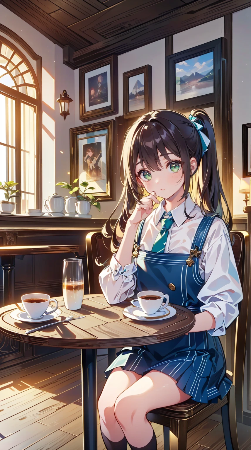 (top-quality、In 8K、32K、​masterpiece、 fresh youth fashion 、 ultra high resolution、 impressionism 、 photorealistic:1.2)、 cowboy shot 、 clear focus、  Detailed Face and Eyes  、( and a plate of cake and coffee on the table , Cafe,  sitting at mocha colored table, Dessert, ミニチュアCafeジオラマ, ダイナーCafe,  coffee shop , 居心地の良いCafeの背景,  coffee shop でコーヒーを楽しむ, Cafeに座って,  Taken with Sony α1 camera , by Haku Maki)、 sharp pupils、Realistic pupil、 Beautiful Faces 、 18 year old beautiful girl、 shiny skin、 medium short 、 wavy hair、poneyTail、Beautiful dark brown hair、 green eyes、 shirt、tie、 plaid mini skirt 、Black socks、 Put Your Right Hand on Her Cheek 、( happy smile:1.2)、Mel Kisha