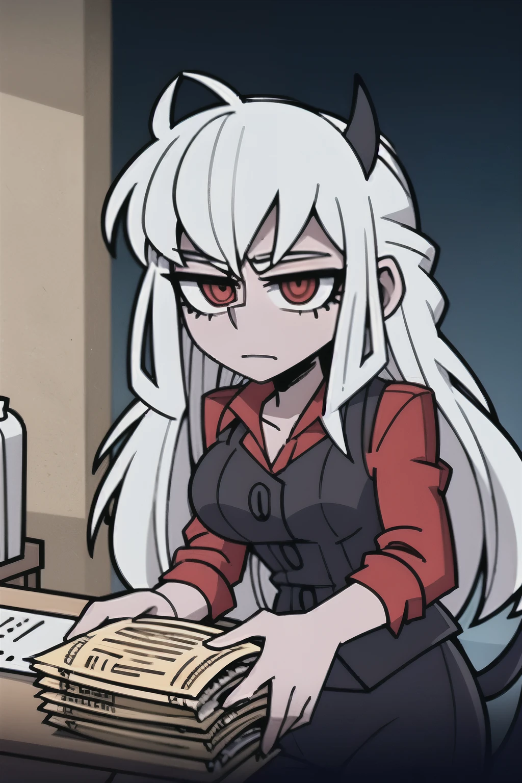 girl with pale skin, crimson eyes, a bit long white hair and black goat-like horns and a manly, badass face. wearing a red shirt rolled up to the elbows, with a black dress vest buttoned on top, with black dress pants with a black tail that ends in a red triangle.

