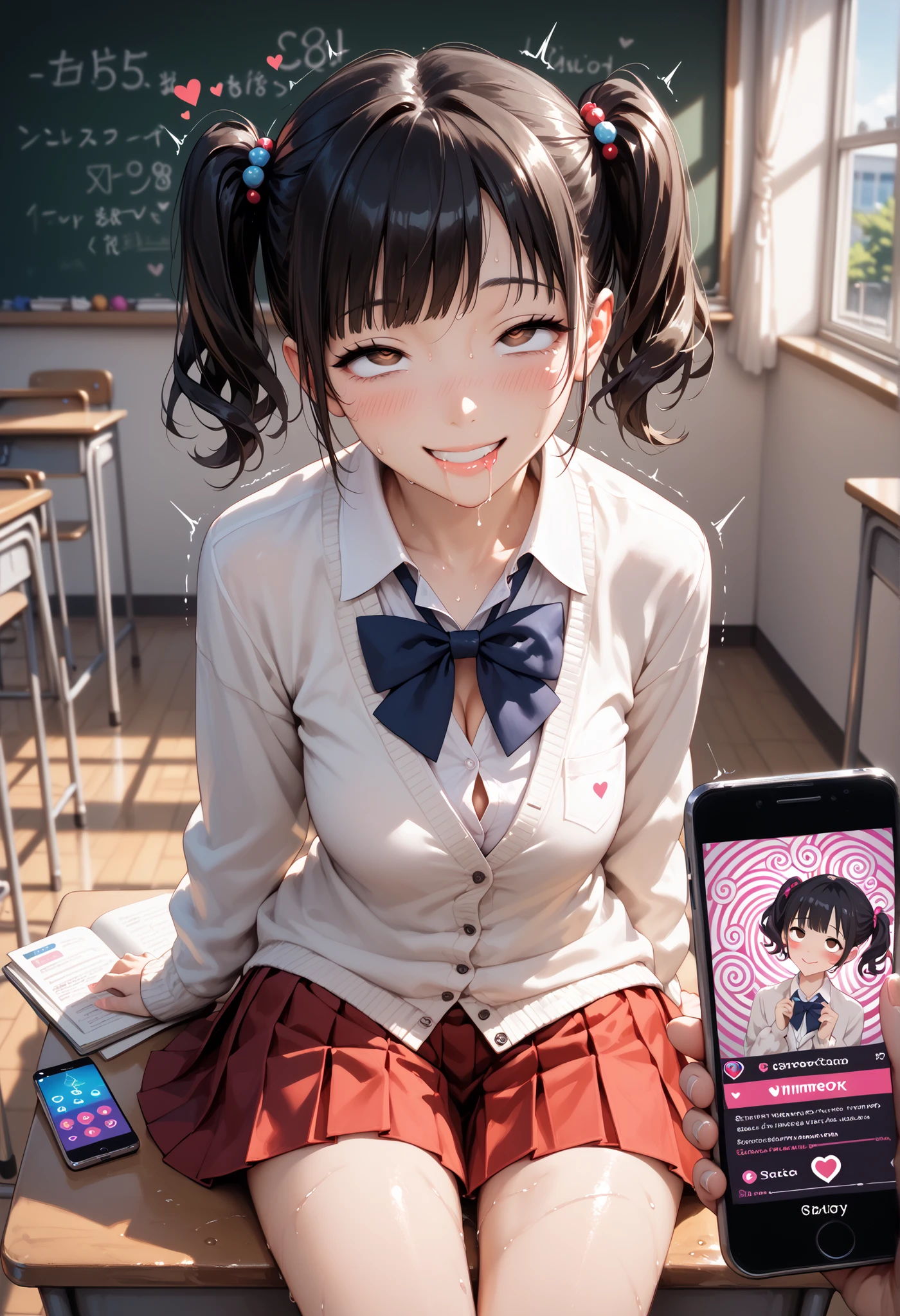sfw, 8K, masterpiece, Best Quality, High resolution, detail hands, detail fingers, detail face, detail leg, perfect lighting, Glossy skin, (1girl, solo, detail girl, 20years old girl), cute girl, (black Hair, twintail hair, himecut, brown eyes, medium breast), (white open cardigan, white dress shirts, red pleated skirt, black loafer), (morden, classroom), (sitting), (empty eyes, brainwashed, hypnosis), (smile, roll own eyes back, drooling, sweat:1.3), (trembling with sexual climax, aroused, blush:1.2), (thigh gap), (phone, symbol of heart), (pov), (puffy nipples:0.6)